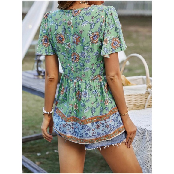 Boho Floral Print Cottagecore Tie Neck Blouse - Picture 8 of 8